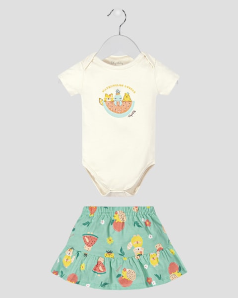 Conjunto Bebê Menina Body e Saia Estampada - Kely Kety - Natural