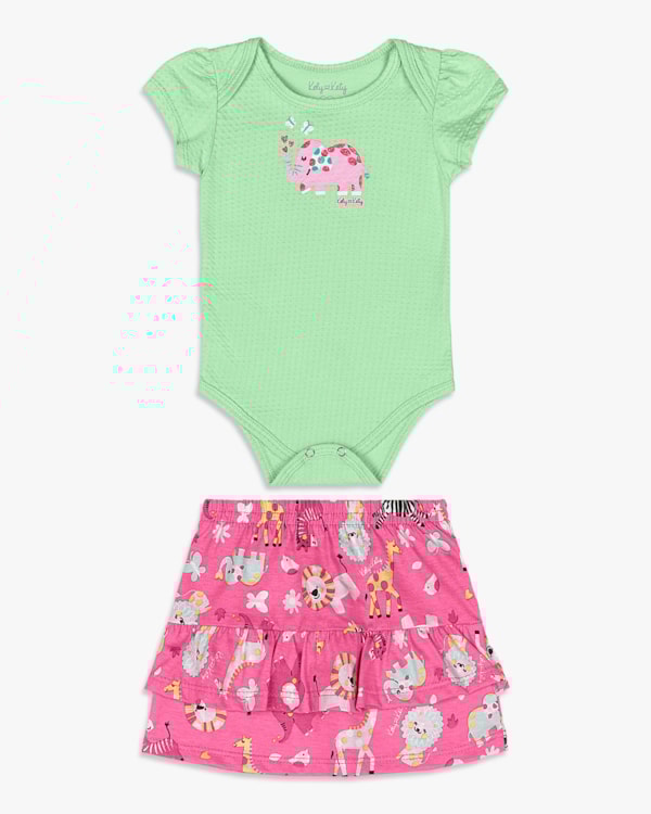 Conjunto Bebê Menina Body e Saia Estampada - Kely Kety - Sorvete de Menta
