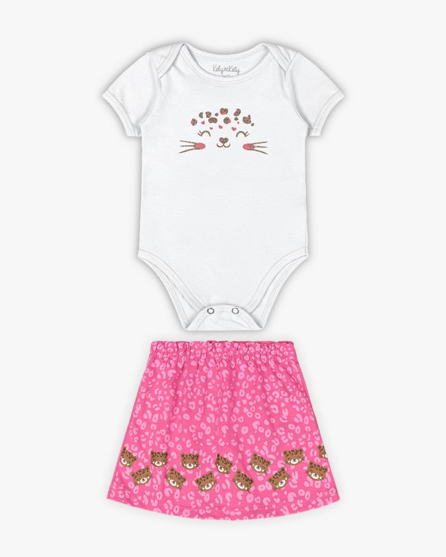 Conjunto Bebê Menina Body e Saia Oncinha - Kely Kety - Branco-19aeec5e-5ffc-4669-98ce-f94401d65c1c