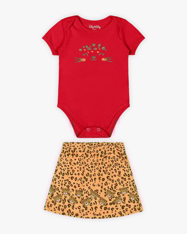 Conjunto Bebê Menina Body e Saia Oncinha - Kely Kety - Tomato-65488cb2-1324-47b8-965a-c2d3659c59f2