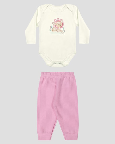 Conjunto Bebê Menina Body Manga Longa e Calça - Kely Kety - Branco