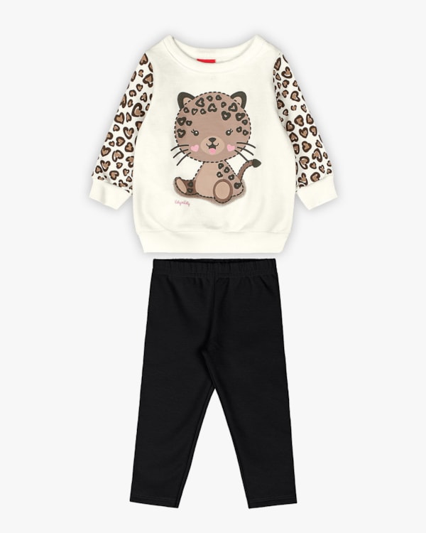 Conjunto Bebê Menina com Blusão Estampa Oncinha - Kely Kety - Branco