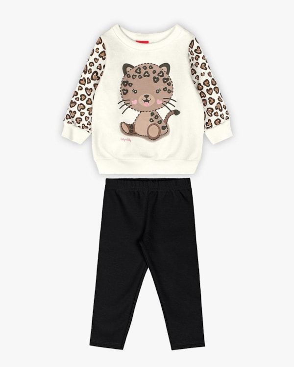 Conjunto Bebê Menina com Blusão Estampa Oncinha - Kely Kety - Branco