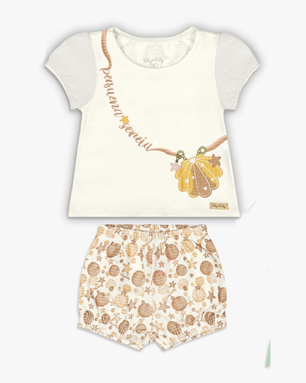 Conjunto Bebê Menina em Meia Malha com Estampa - Kely Kety - Natural
