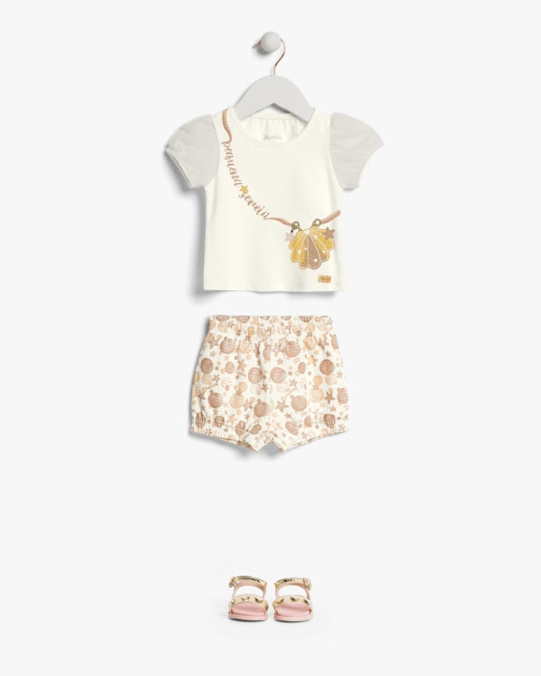 Conjunto Bebê Menina em Meia Malha com Estampa - Kely Kety - Natural