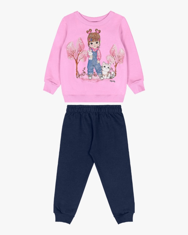 Conjunto Bebê Menina em Moletom com Estampa - Kely Kety - Rosa