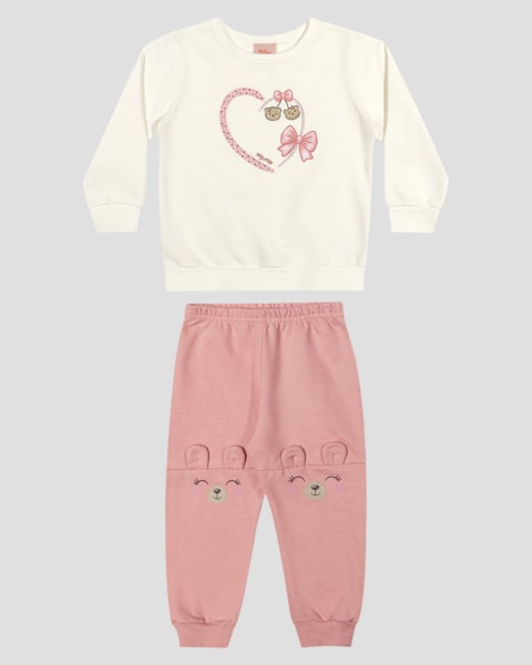 Conjunto Bebê Menina em Moletom Estampa Interativa - Kely Kety - Branco