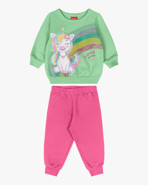 Conjunto Bebê Menina em Moletom Estampa Unicórnio - Kely Kety - Verde