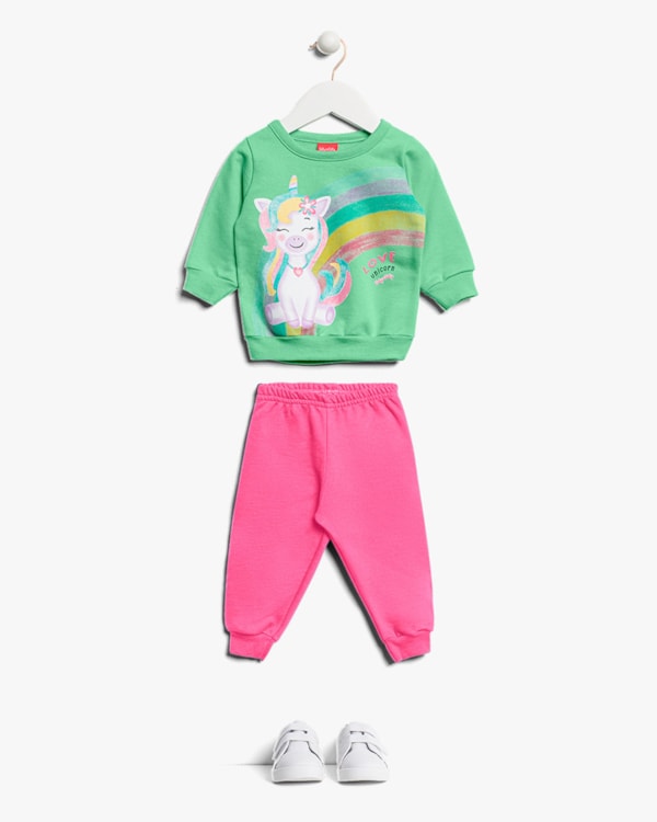 Conjunto Bebê Menina em Moletom Estampa Unicórnio - Kely Kety - Verde