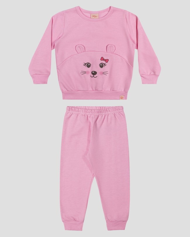 Conjunto Bebê Menina em Moletom Estampa Ursinho - Kely Kety - Rosa-83288419-b37a-4ec1-aa1e-e31602450ece
