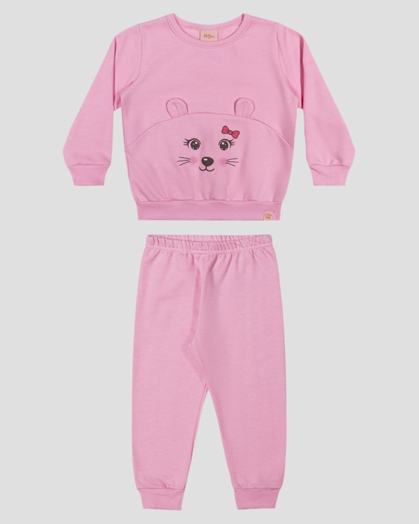 Conjunto Bebê Menina em Moletom Estampa Ursinho - Kely Kety - Rosa