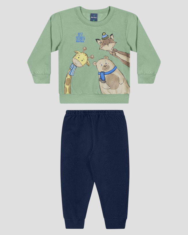Conjunto Bebê Menino Blusão Bichinhos e Calça - ReiRex - Verde-45a92217-d36d-408a-be44-4dac3241cb2d