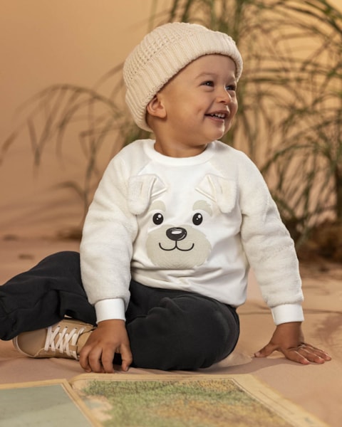 Conjunto Bebê Menino Blusão com Orelhinhas e Calça - ReiRex - Branco