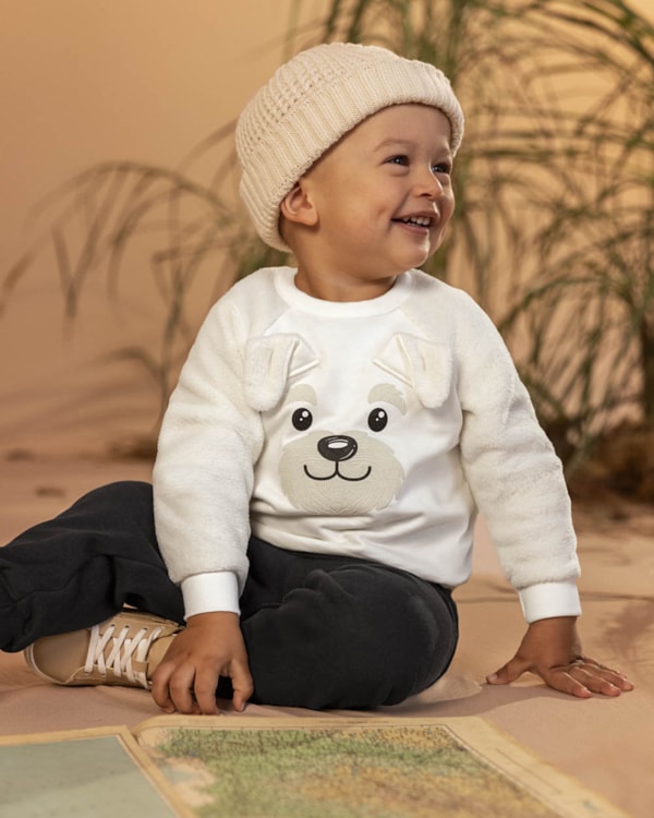 Conjunto Bebê Menino Blusão com Orelhinhas e Calça - ReiRex - Branco