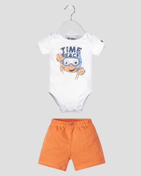 Conjunto Bebê Menino Body com Estampa e Bermuda - ReiRex - Branco