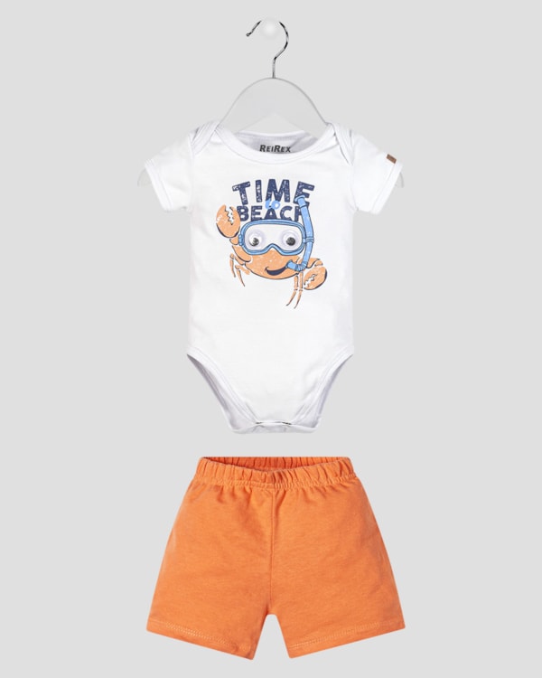 Conjunto Bebê Menino Body com Estampa e Bermuda - ReiRex - Branco