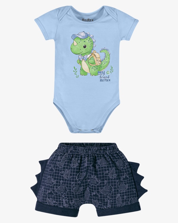 Conjunto Bebê Menino Body e Bermuda Estampa Dino - ReiRex - Azul
