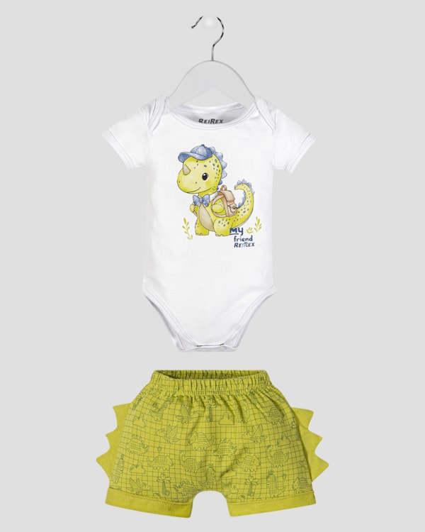 Conjunto Bebê Menino Body e Bermuda Estampa Dino - ReiRex - Branco