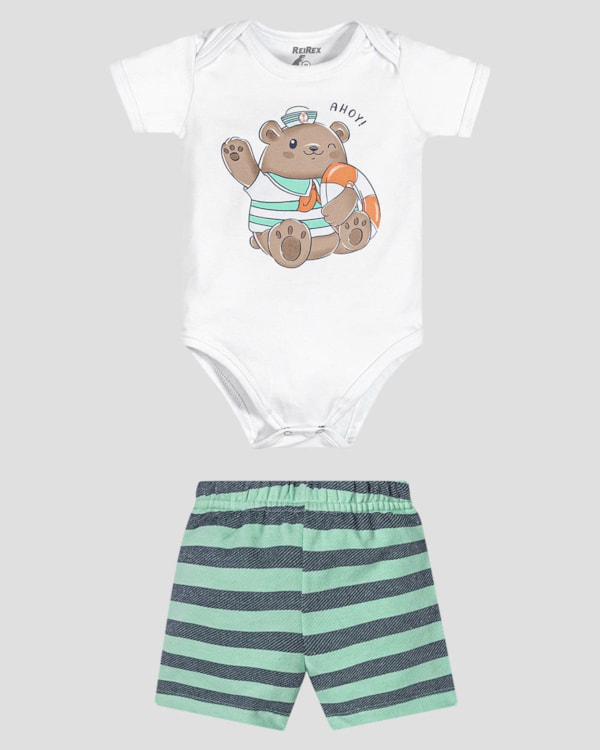 Conjunto Bebê Menino Body e Bermuda Estampado ReiRex Branco