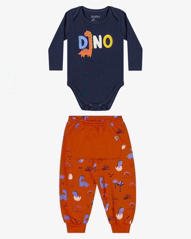 Conjunto Bebê Menino Body e Calça Estampada Dino ReiRex - Azul-5244135f-0e8c-4981-9f5d-50cd2e1eb383
