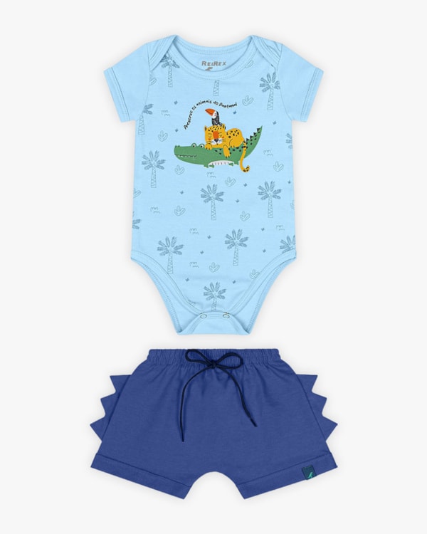 Conjunto Bebê Menino Body Estampado e Bermuda - ReiRex - Azul