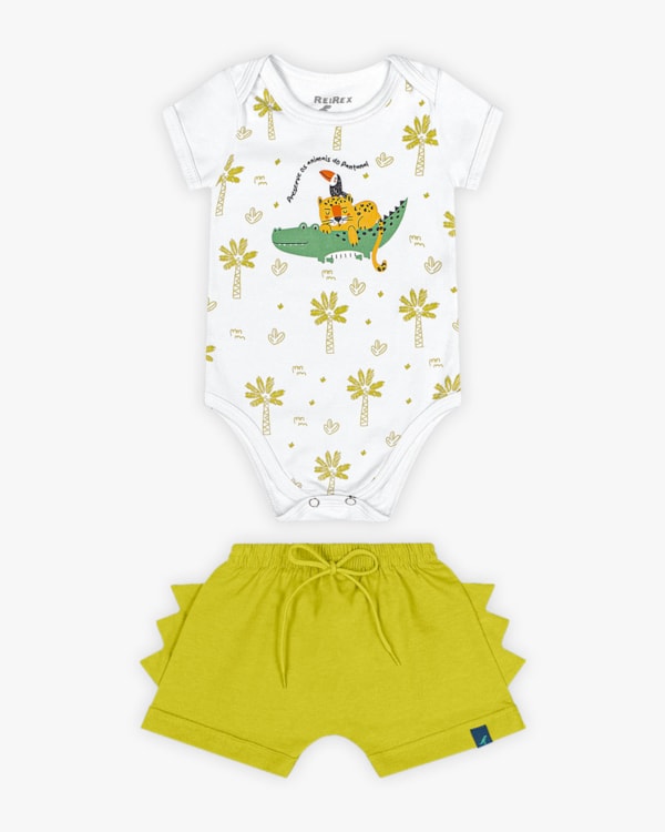 Conjunto Bebê Menino Body Estampado e Bermuda- ReiRex - Branco