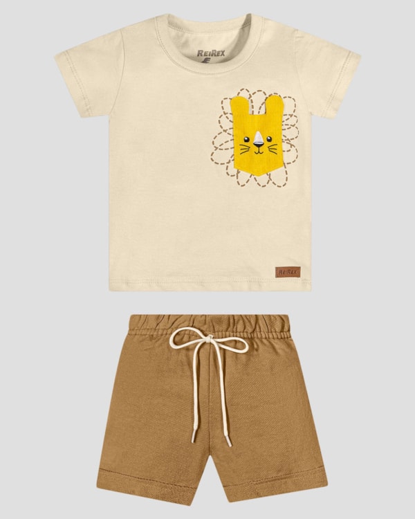 Conjunto Bebê Menino Camiseta com Bolso e Bermuda ReiRex Bege