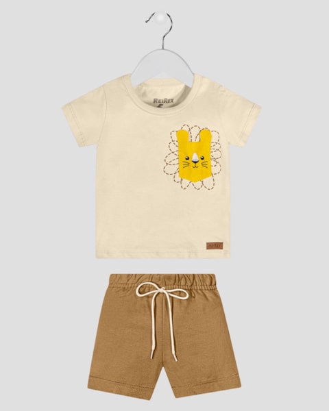 Conjunto Bebê Menino Camiseta com Bolso e Bermuda ReiRex Bege