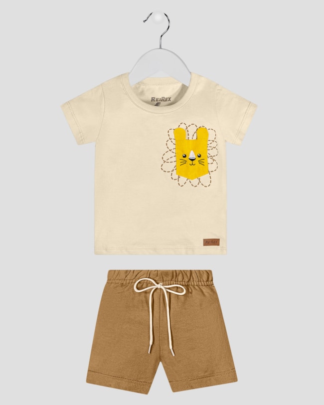 Conjunto Bebê Menino Camiseta com Bolso e Bermuda ReiRex Bege-f2df3201-432c-4a85-9dd3-76b095793fd3
