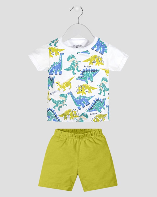 Conjunto Bebê Menino Camiseta Dino e Bermuda - ReiRex - Branco