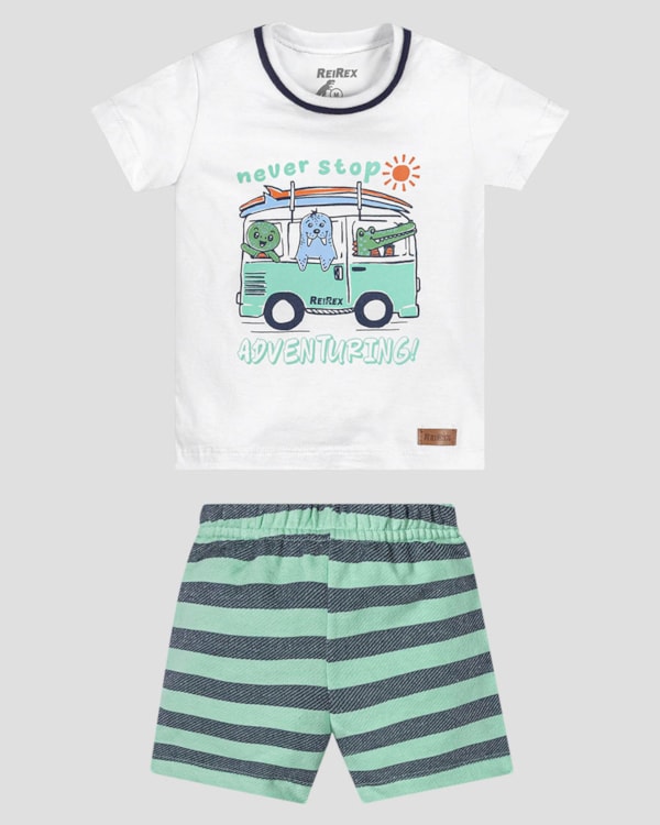 Conjunto Bebê Menino Camiseta e Bermuda Listrada ReiRex Branco