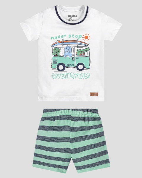 Conjunto Bebê Menino Camiseta e Bermuda Listrada ReiRex Branco