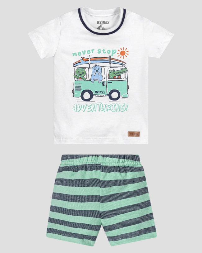 Conjunto Bebê Menino Camiseta e Bermuda Listrada ReiRex Branco-de6bf861-04b1-4aac-b346-3b239a7018bd