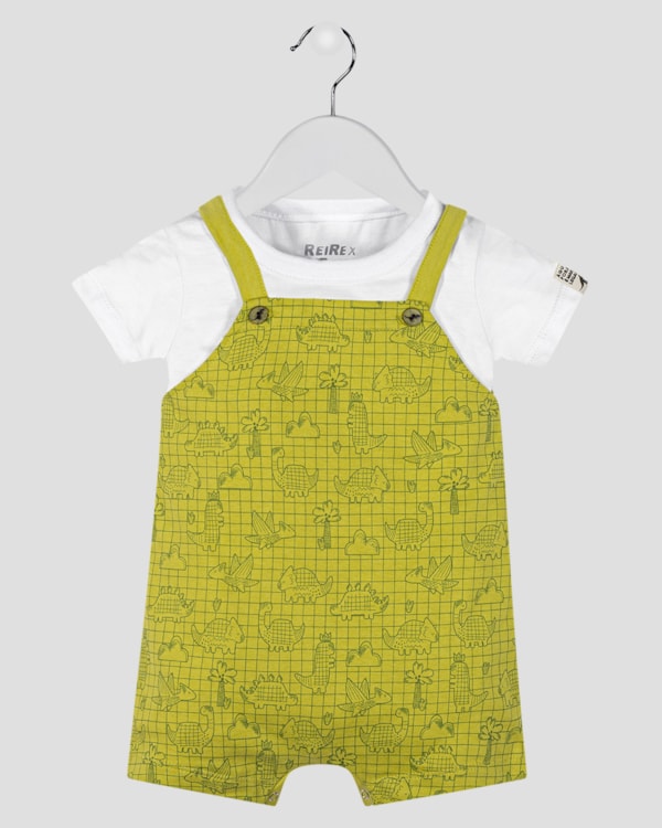 Conjunto Bebê Menino Camiseta e Jardineira Estampada - ReiRex - Branco