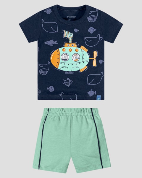 Conjunto Bebê Menino Camiseta Estampa e Bermuda ReiRex Azul