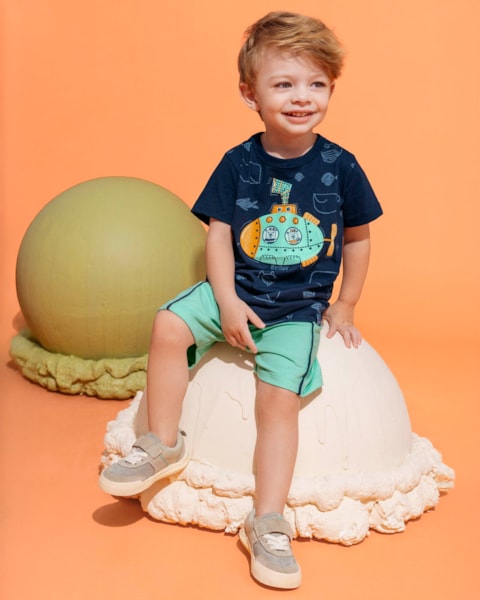 Conjunto Bebê Menino Camiseta Estampa e Bermuda ReiRex Azul