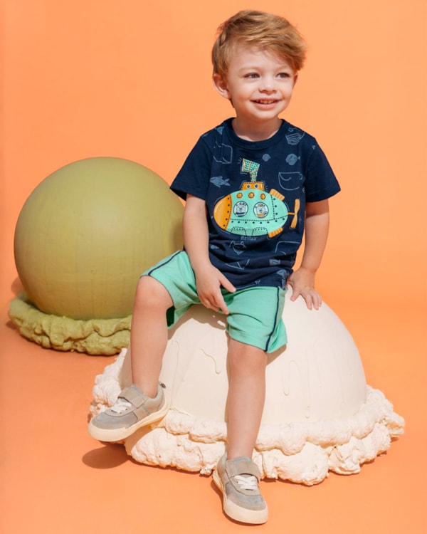 Conjunto Bebê Menino Camiseta Estampa e Bermuda ReiRex Azul