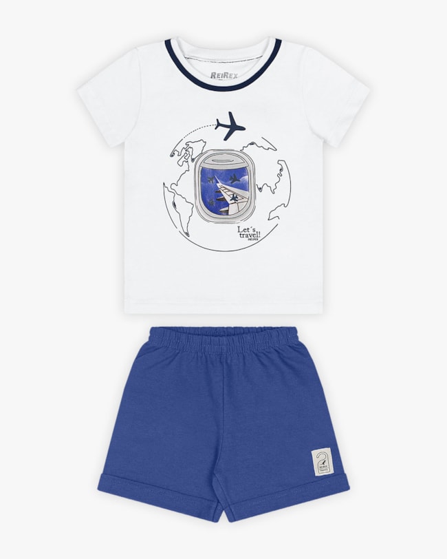 Conjunto Bebê Menino Camiseta Estampada e Bermuda - ReiRex - Branco-57709ead-3713-476c-959c-958f0c45f605