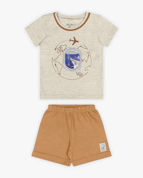 Conjunto Bebê Menino Camiseta Estampada e Bermuda - ReiRex - Mescla