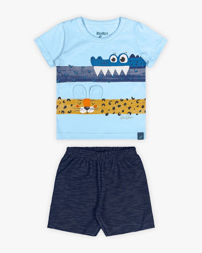Conjunto Bebê Menino Camiseta Interativa e Bermuda - ReiRex- Azul-934f0c81-5447-4b65-bead-500574a11d2c