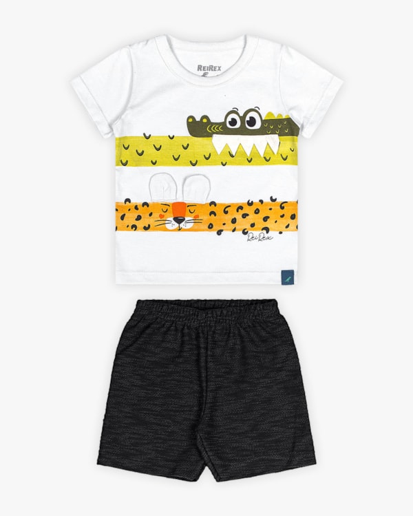 Conjunto Bebê Menino Camiseta Interativa e Bermuda - ReiRex- Branco