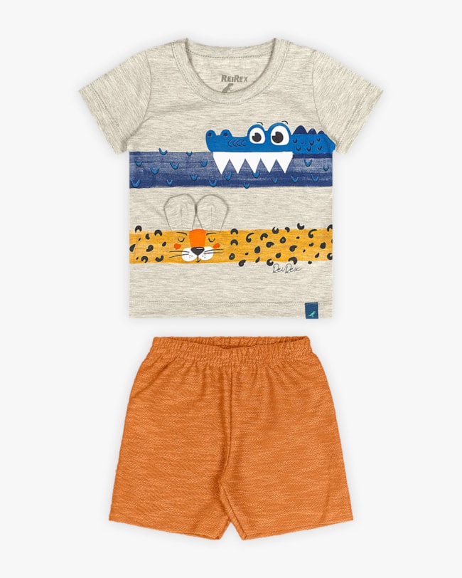 Conjunto Bebê Menino Camiseta Interativa e Bermuda - ReiRex- Mescla-f79c81c8-263b-49b7-bda4-0cf1e918f196