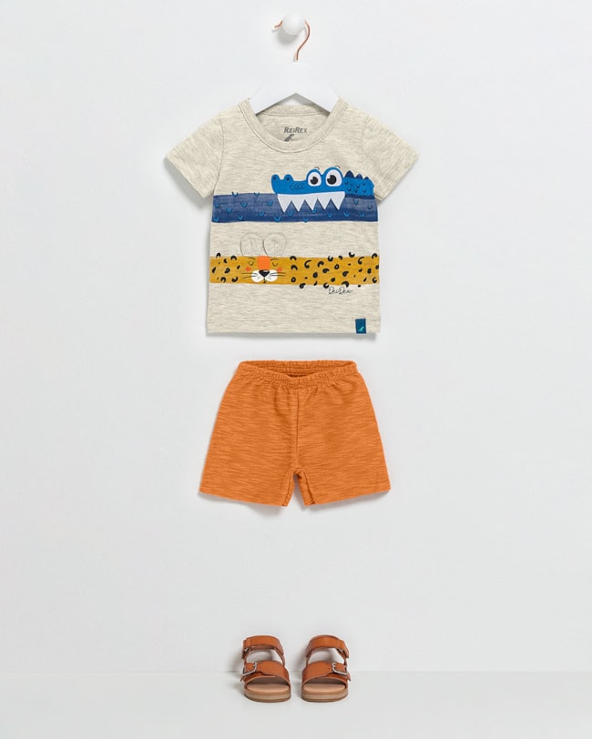 Conjunto Bebê Menino Camiseta Interativa e Bermuda - ReiRex- Mescla-65f88e1e-16af-46b3-8c6c-250939b43767