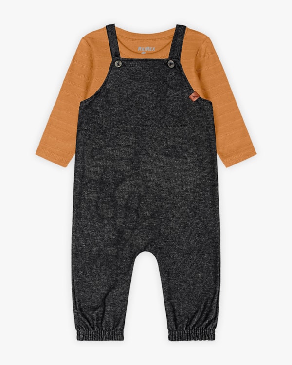 Conjunto Bebê Menino Camiseta Manga Longa e Jardineira - Reirex - Marrom