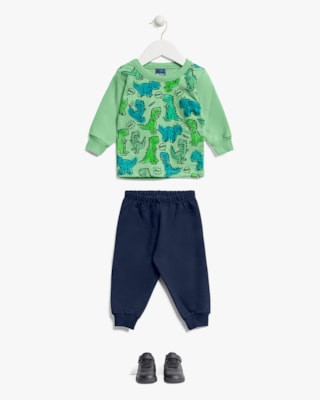 Conjunto Bebê Menino com Blusão Estampado - ReiRex - Verde