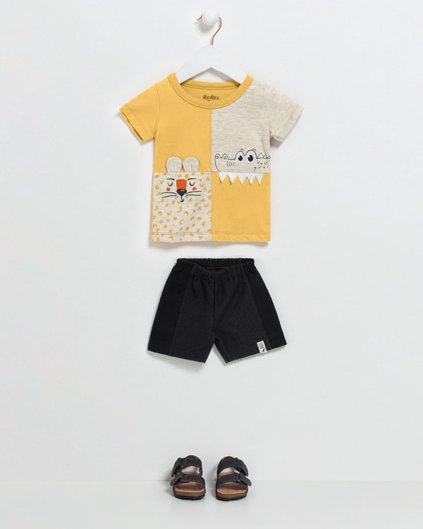 Conjunto Bebê Menino com Estampa Interativa - ReiRex - Mostarda