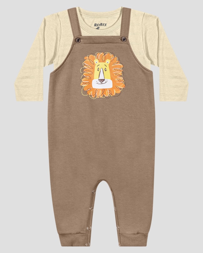 Conjunto Bebê Menino com Jardineira e Camiseta Manga Longa - ReiRex - Bege-23c37128-e430-4a1d-af8b-aecb0e5ae9cf