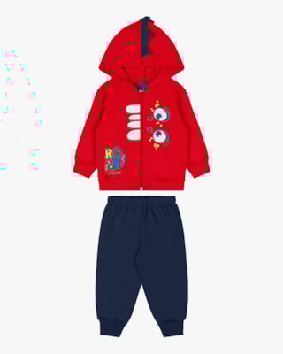 Conjunto Bebê Menino em Moletom com Estampa Interativa Dino- ReiRex - Azul