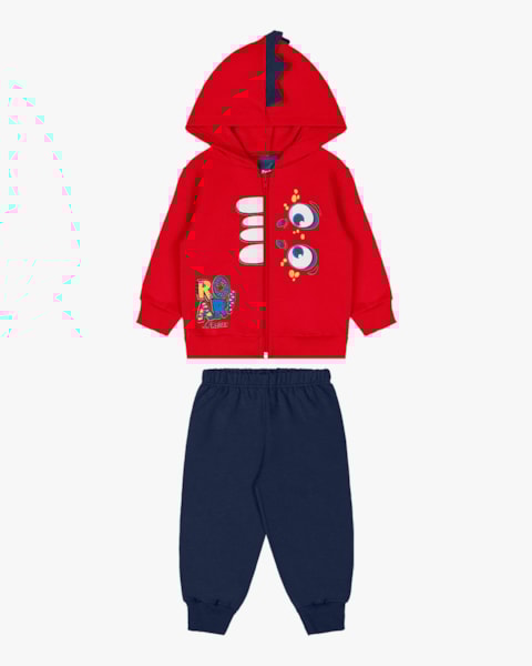 Conjunto Bebê Menino em Moletom com Estampa Interativa Dino- ReiRex - Azul
