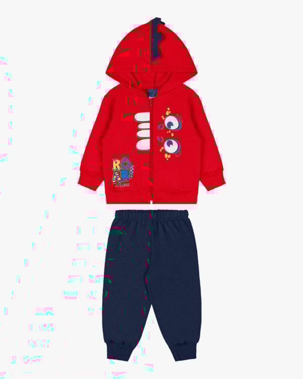 Conjunto Bebê Menino em Moletom com Estampa Interativa Dino- ReiRex - Azul